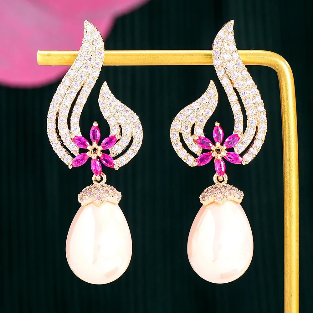 Flower Pearl Drop Dangle Earrings For Women