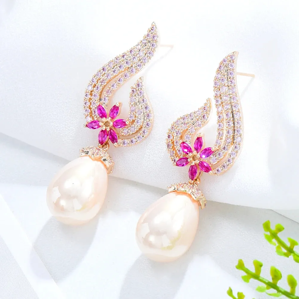 Flower Pearl Drop Dangle Earrings For Women