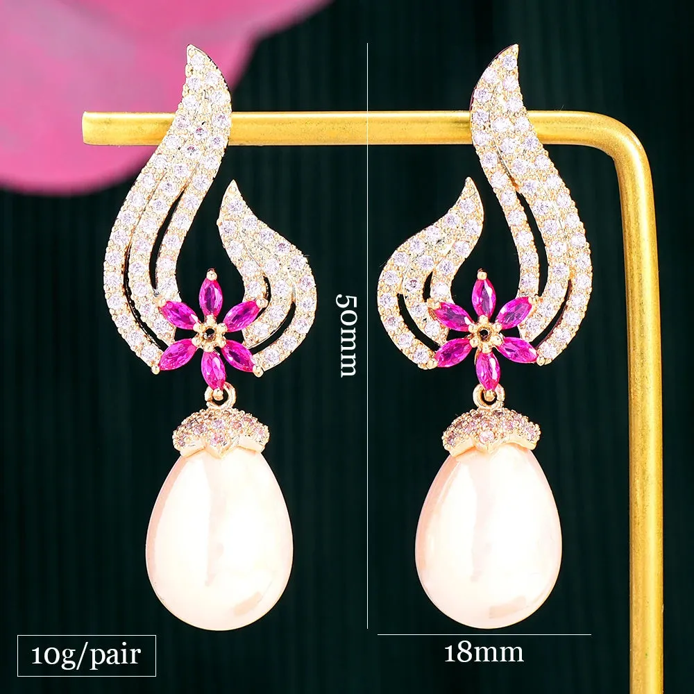 Flower Pearl Drop Dangle Earrings For Women