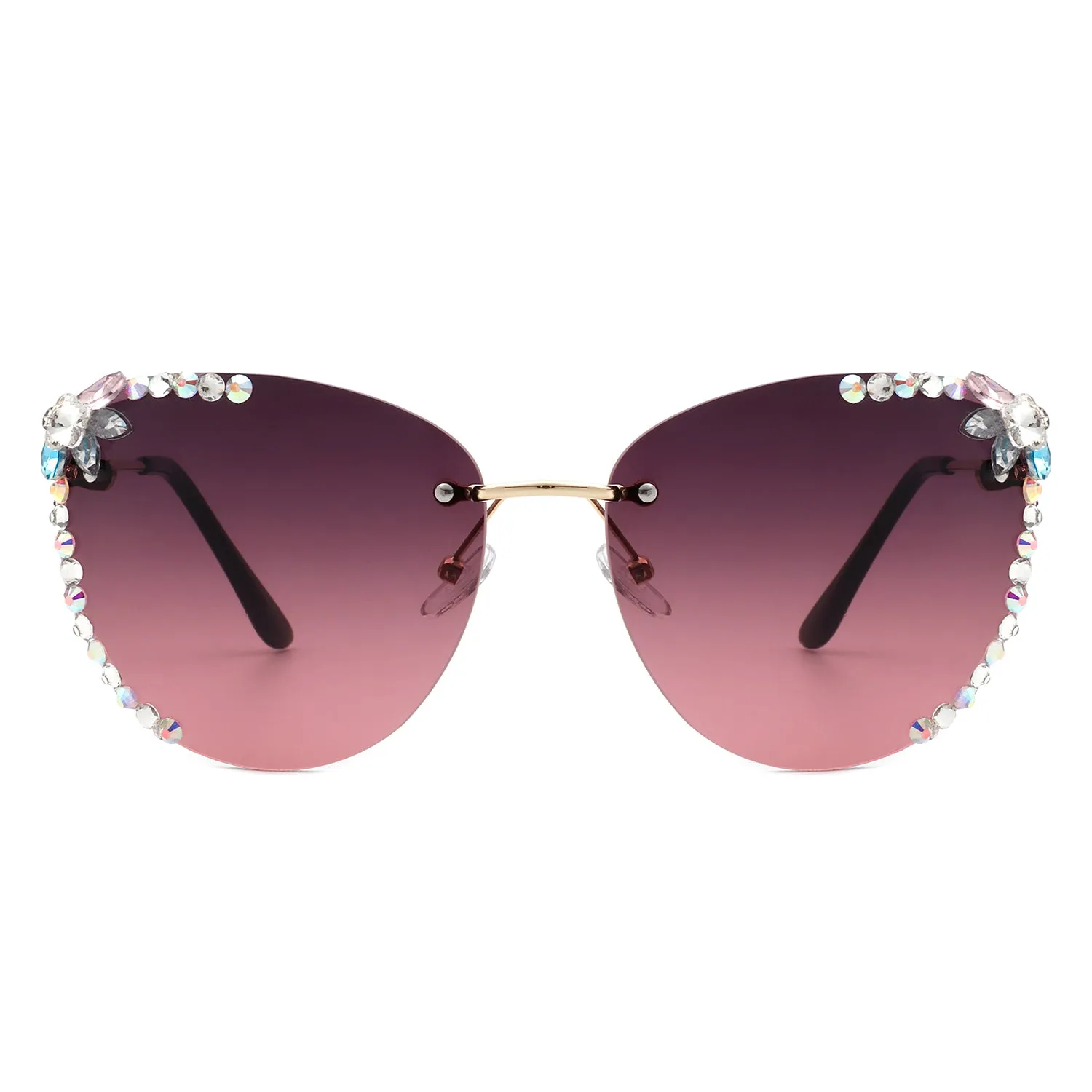 Nightbri - Women Rimless Tinted Chic Rhinestone Fashion Cat Eye Sunglasses