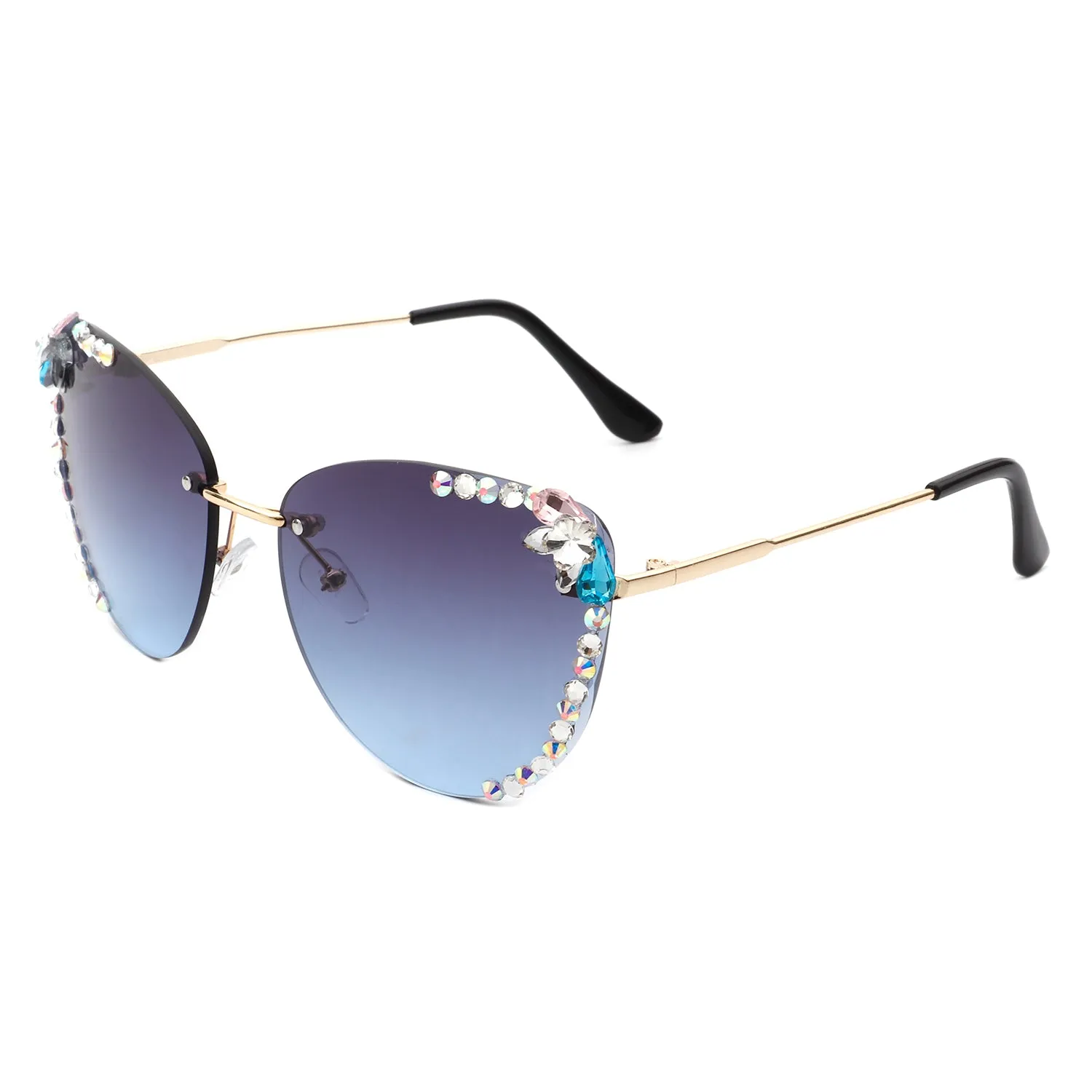 Nightbri - Women Rimless Tinted Chic Rhinestone Fashion Cat Eye Sunglasses