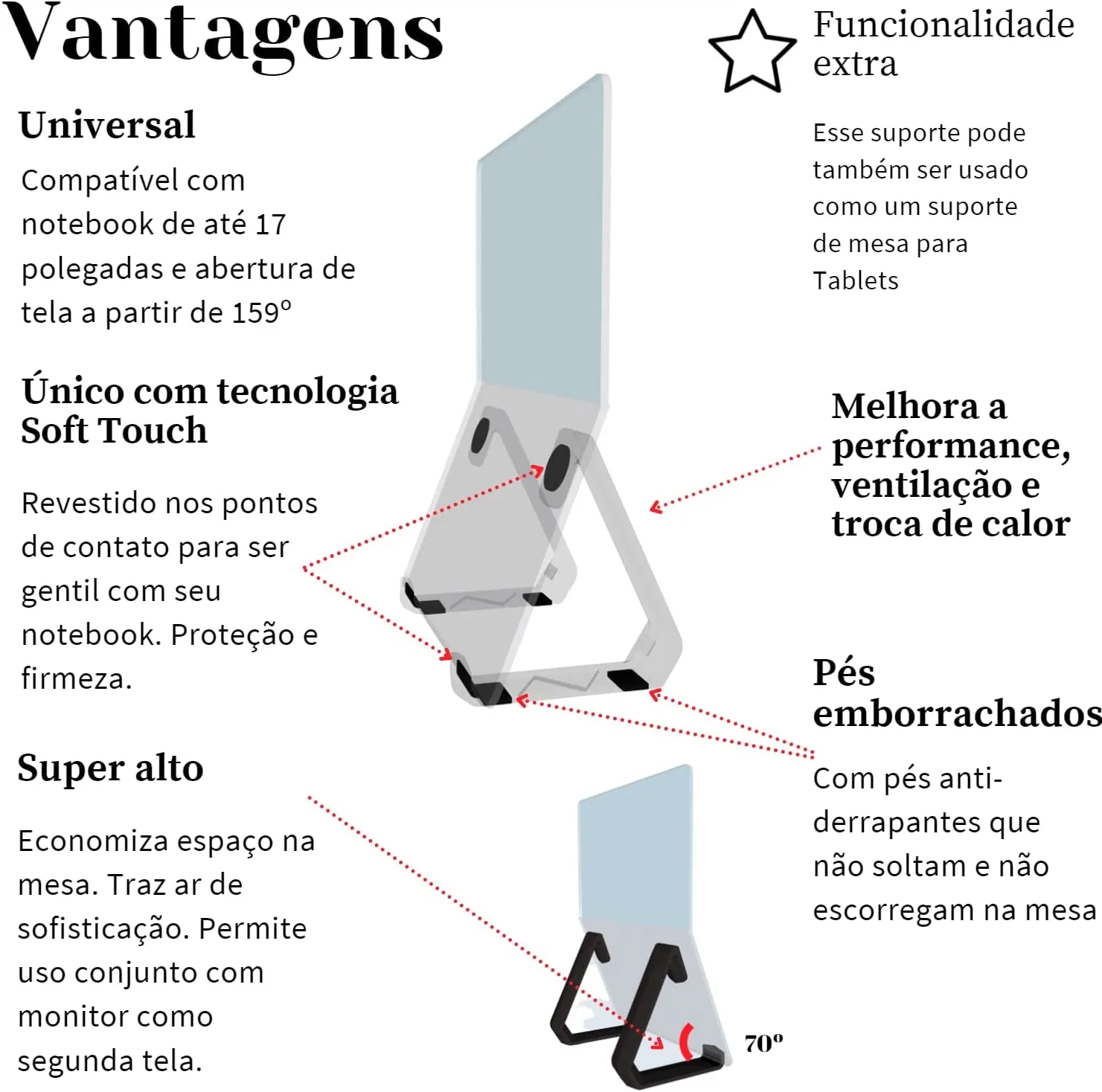 Suporte Splin para Notebook Laptop Universal de Mesa Modelo Soft Touch 180º ultra abertura alta elevação