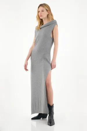 Vestido largo manga sisa gris para mujer